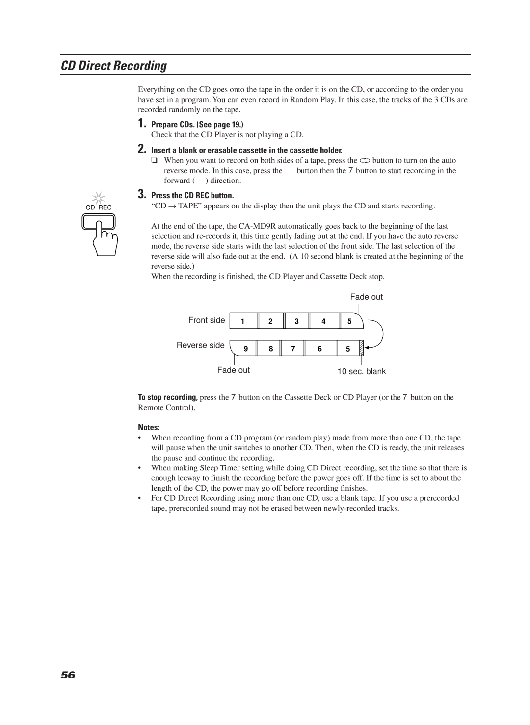 JVC LET0070-002A manual CD Direct Recording, Prepare CDs. See, Insert a blank or erasable cassette in the cassette holder 