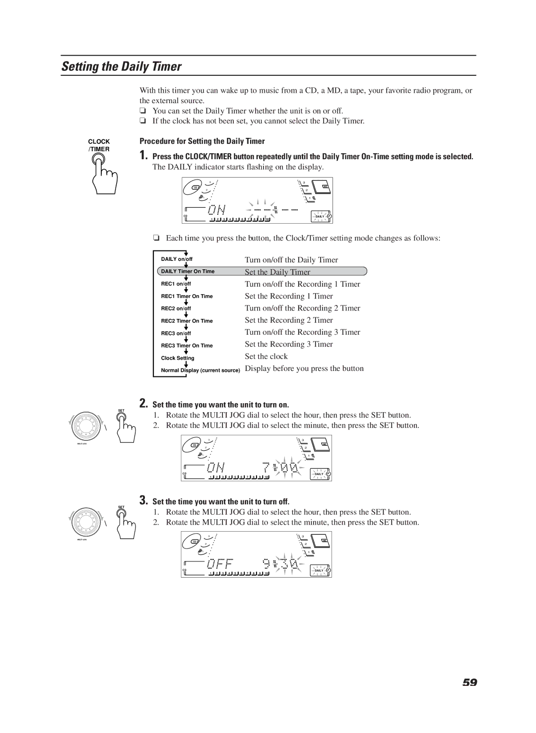 JVC LET0070-002A manual Setting the Daily Timer, Set the time you want the unit to turn on 