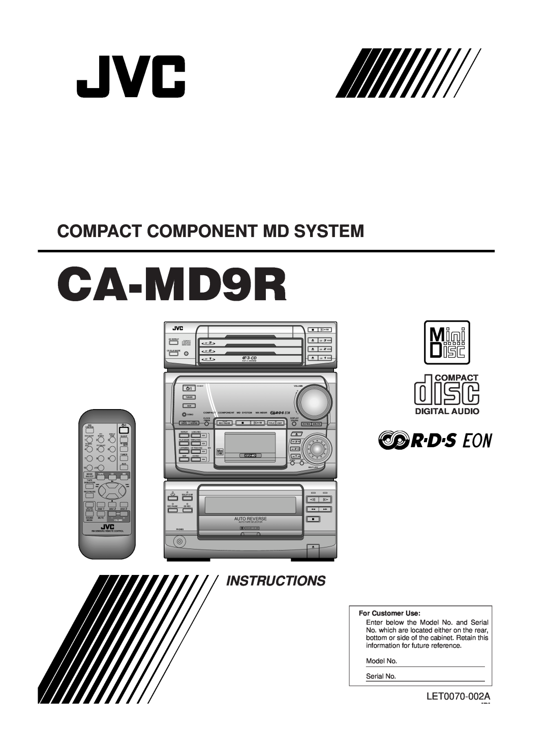 JVC LET0070-002A manual CA-MD9R, Compact Component Md System, Instructions, Compact Digital Audio, For Customer Use, 3 CD 