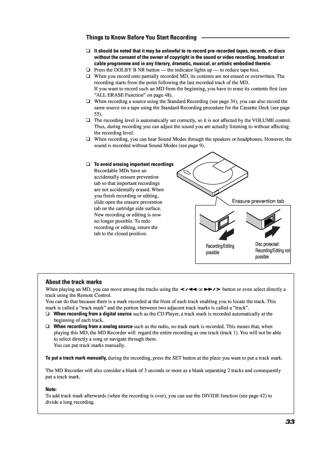 JVC LET0070-002A manual About the track marks, To avoid erasing important recordings 