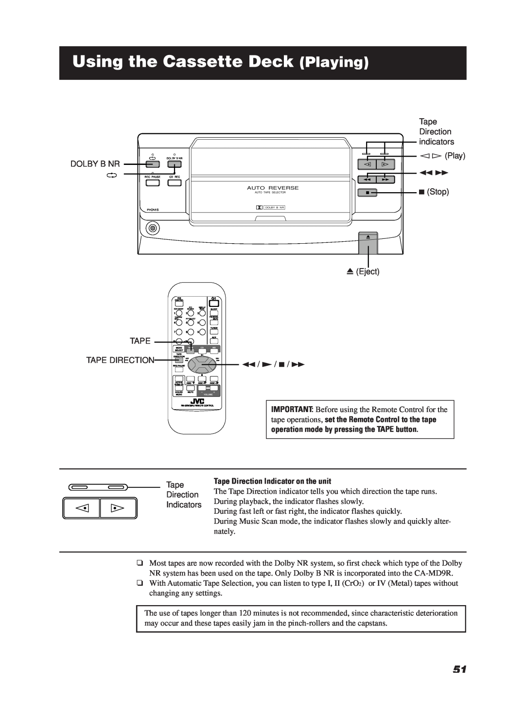 JVC LET0070-002A manual Using the Cassette Deck Playing, Tape Direction Indicator on the unit 