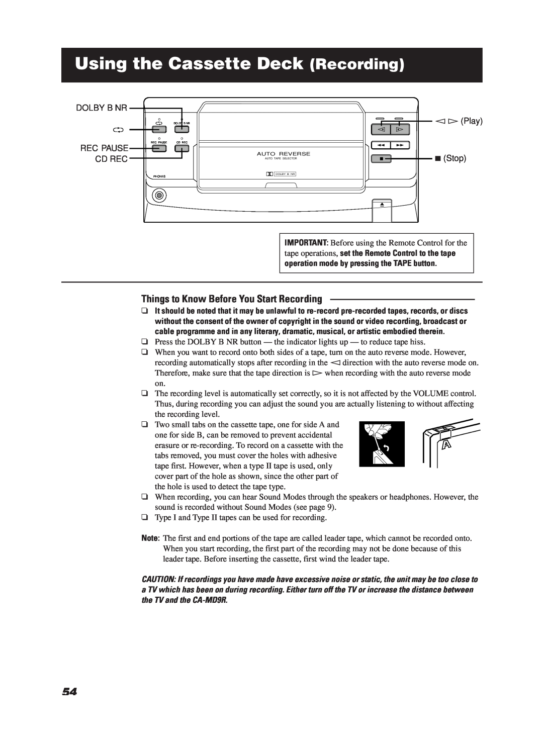 JVC LET0070-002A manual Using the Cassette Deck Recording, Dolby B Nr, Rec Pause, Cd Rec, ÛÜPlay 7Stop 