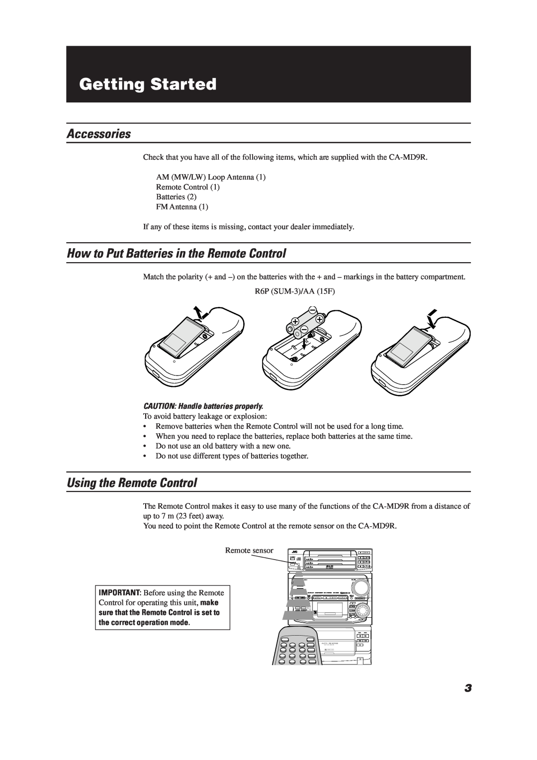 JVC LET0070-002A manual Getting Started, Accessories, How to Put Batteries in the Remote Control, Using the Remote Control 