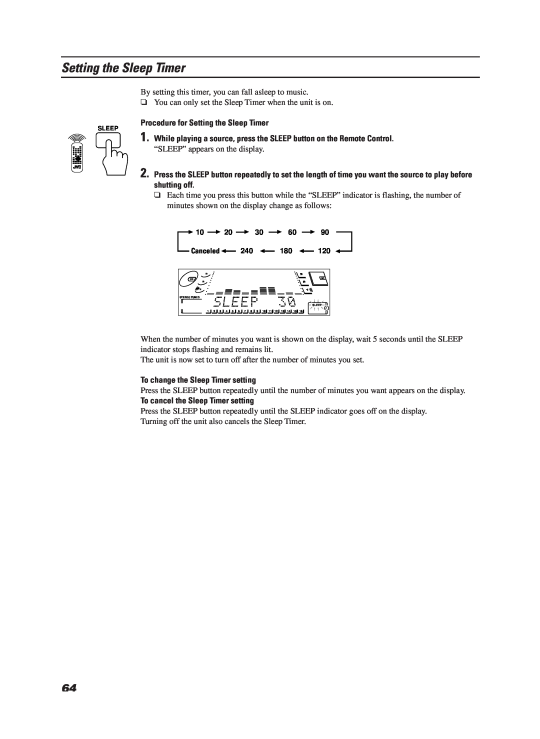 JVC LET0070-002A manual Procedure for Setting the Sleep Timer, To change the Sleep Timer setting 