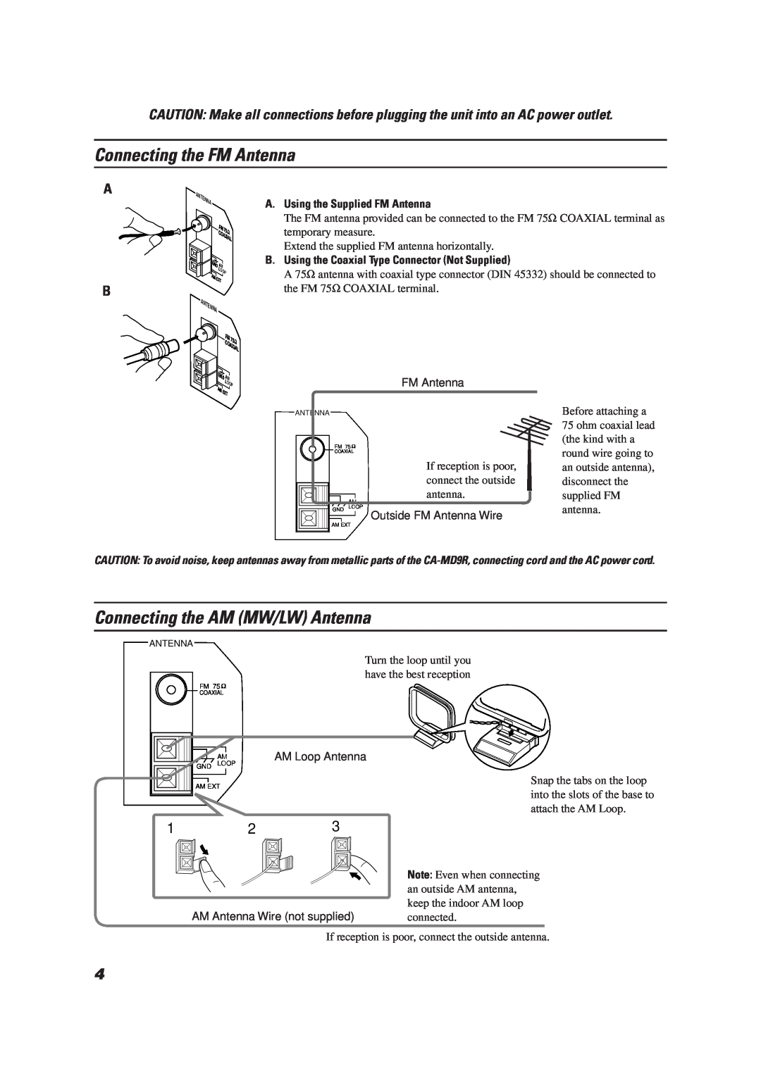JVC LET0070-002A manual Connecting the FM Antenna, Connecting the AM MW/LW Antenna, A.Using the Supplied FM Antenna 