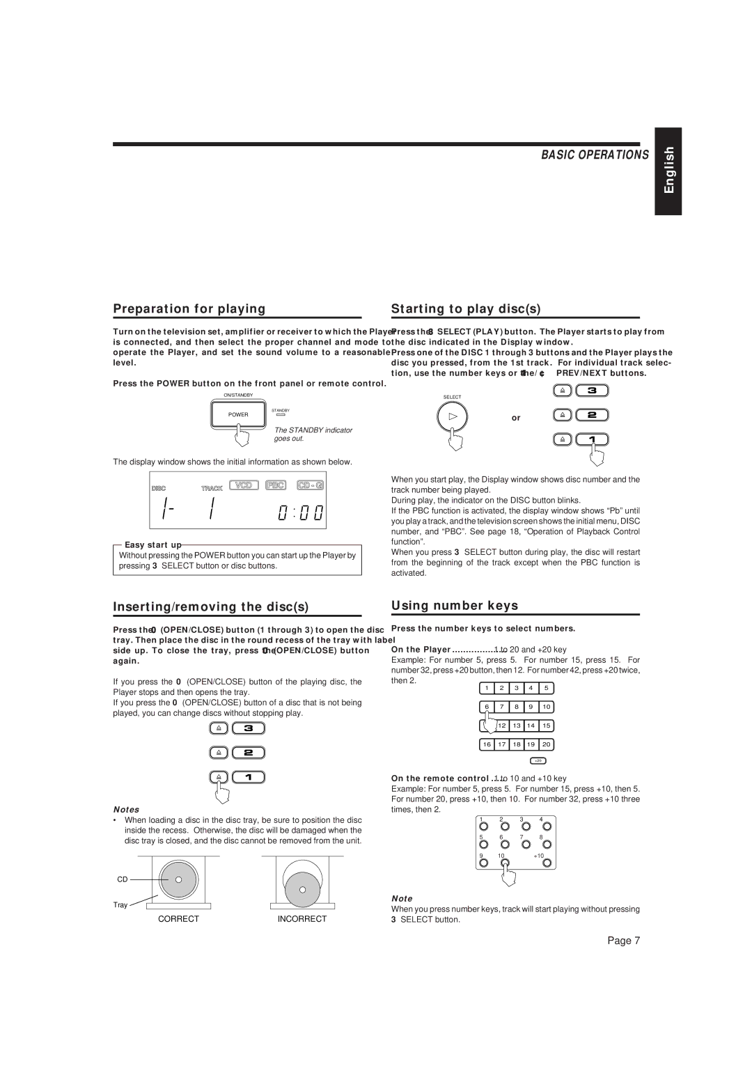 JVC LET0079-001A manual Preparation for playing, Starting to play discs, Inserting/removing the discs, Using number keys 