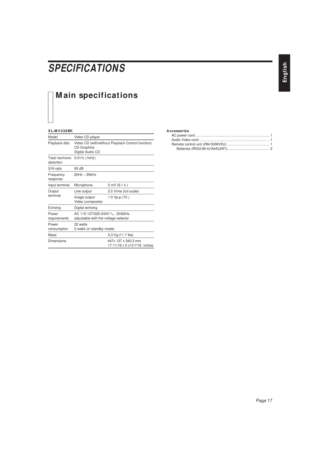 JVC LET0079-001A, XL-MV338BK manual Specifications, Main specifications, Accessories 