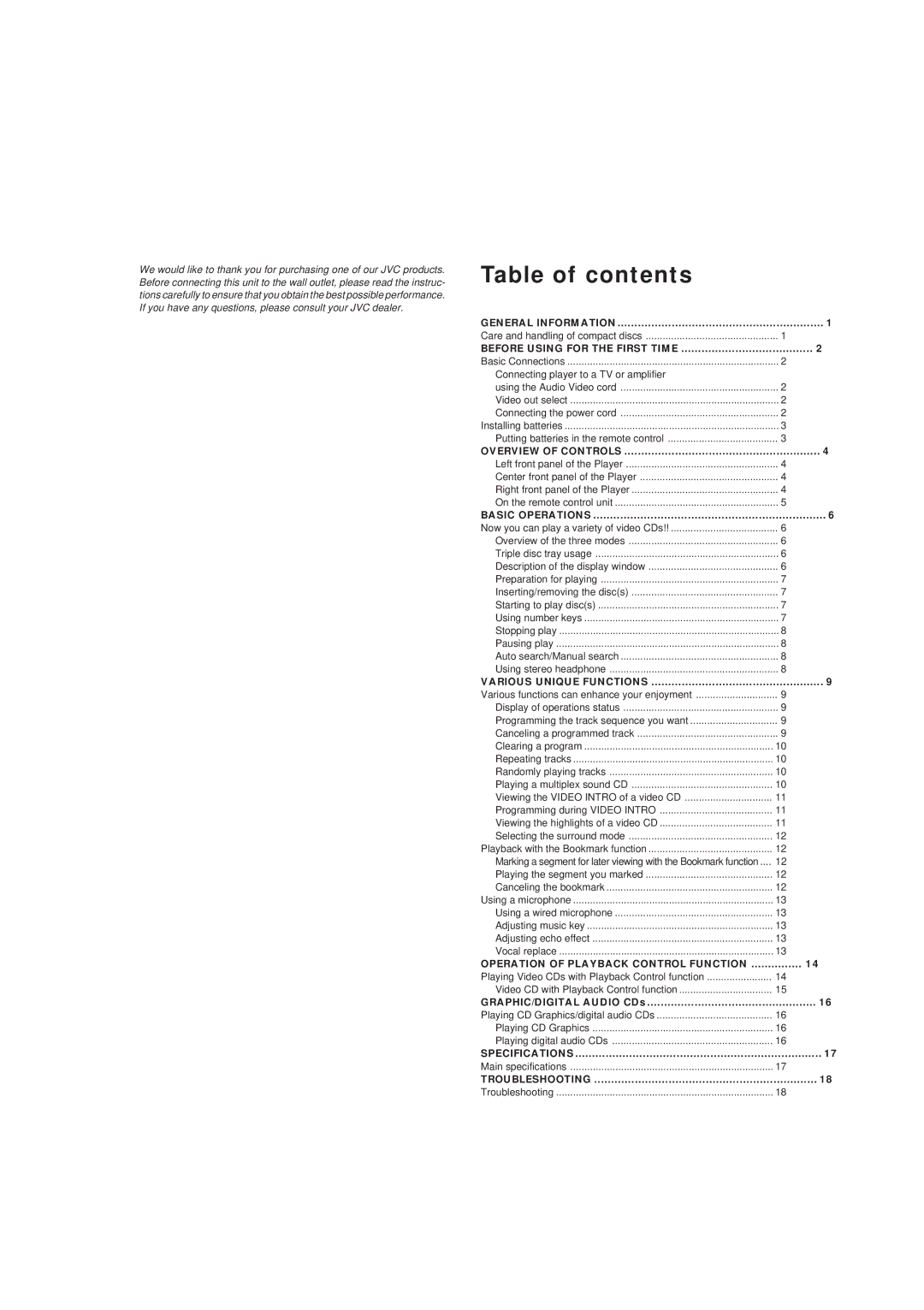 JVC LET0079-001A, XL-MV338BK manual Table of contents 