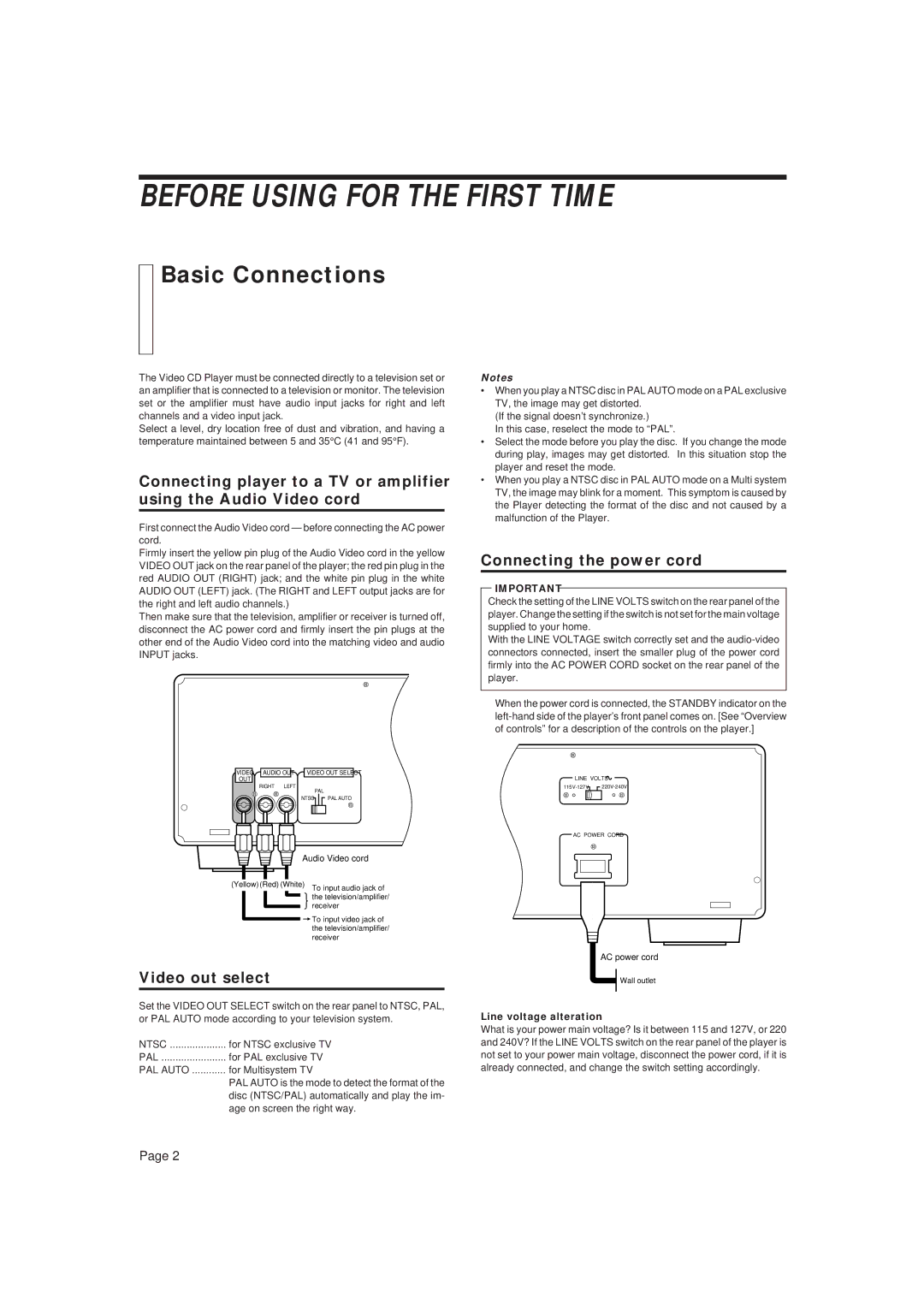 JVC XL-MV338BK manual Before Using for the First Time, Basic Connections, Video out select, Connecting the power cord 