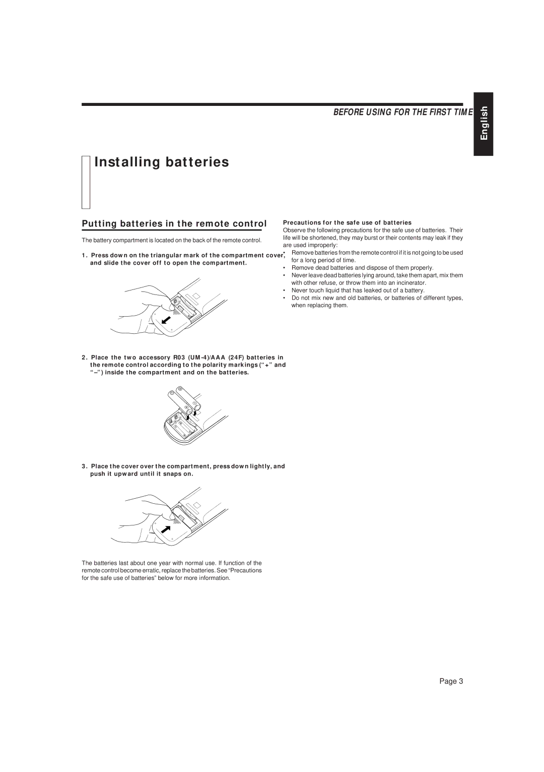 JVC LET0079-001A Installing batteries, Putting batteries in the remote control, Precautions for the safe use of batteries 