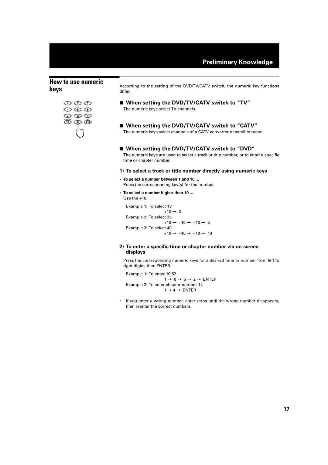 JVC XV-D2000BK, LET0091-001A manual How to use numeric keys, When setting the DVD/TV/CATV switch to TV 