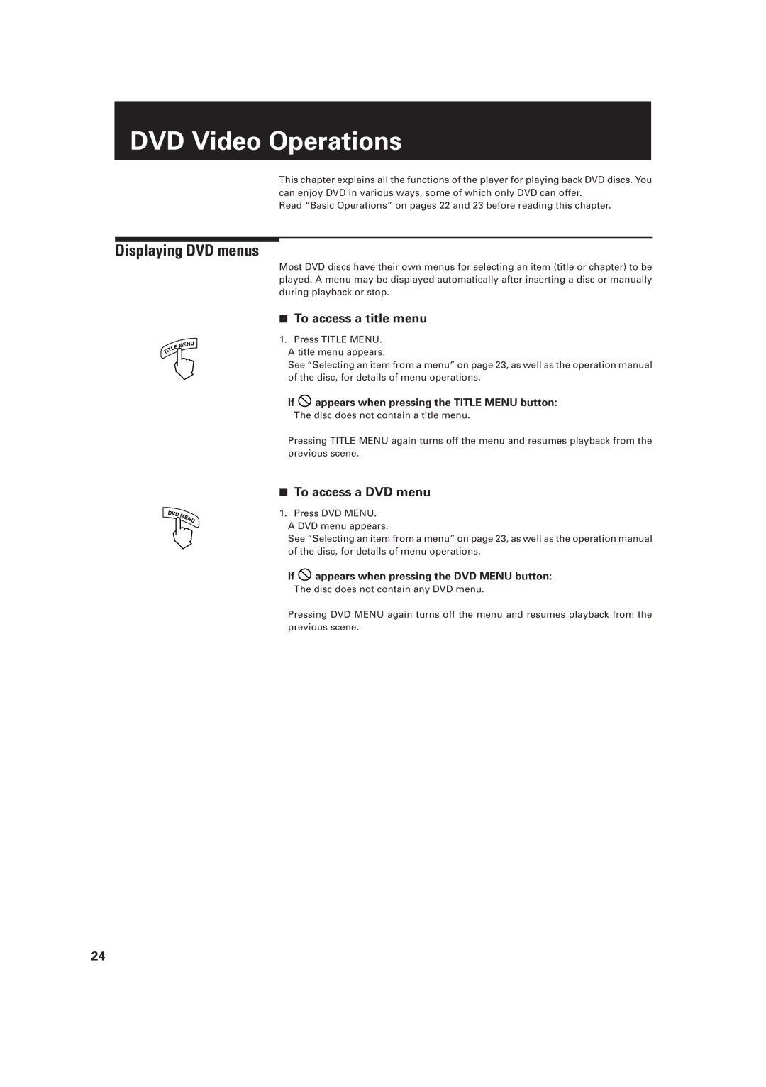 JVC XV-D2000, LET0091-001A manual DVD Video Operations, Displaying DVD menus, To access a title menu, To access a DVD menu 