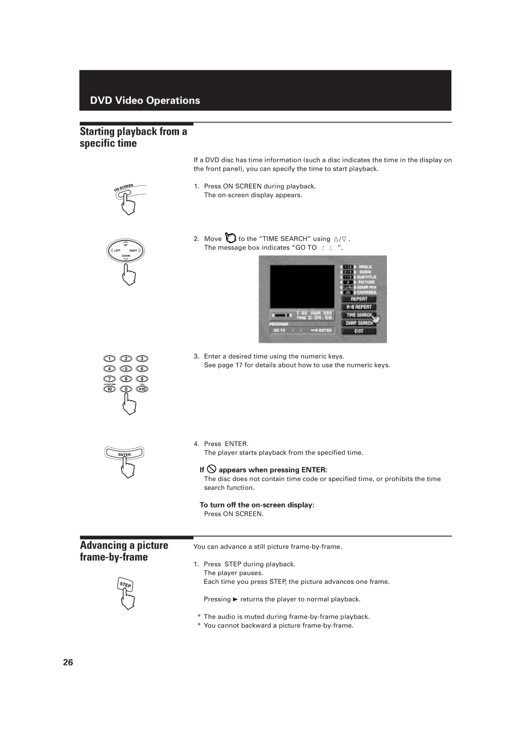 JVC XV-D2000BK, LET0091-001A manual Starting playback from a specific time, Advancing a picture frame-by-frame 