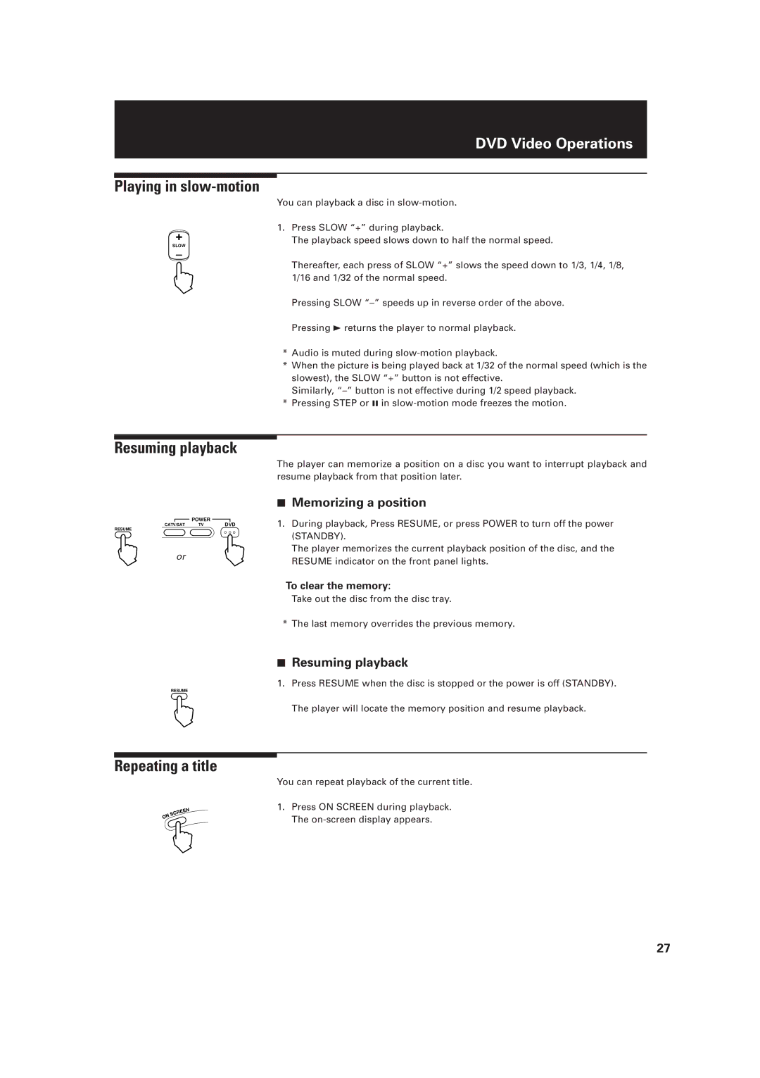 JVC LET0091-001A, XV-D2000BK manual Resuming playback, Repeating a title, Memorizing a position, To clear the memory 