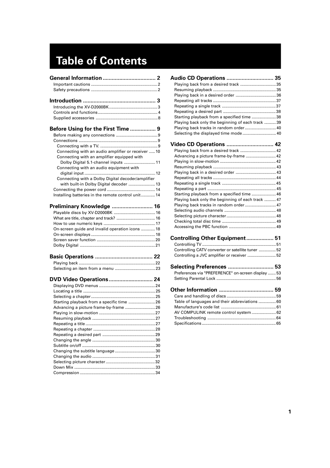 JVC LET0091-001A, XV-D2000BK manual Table of Contents 