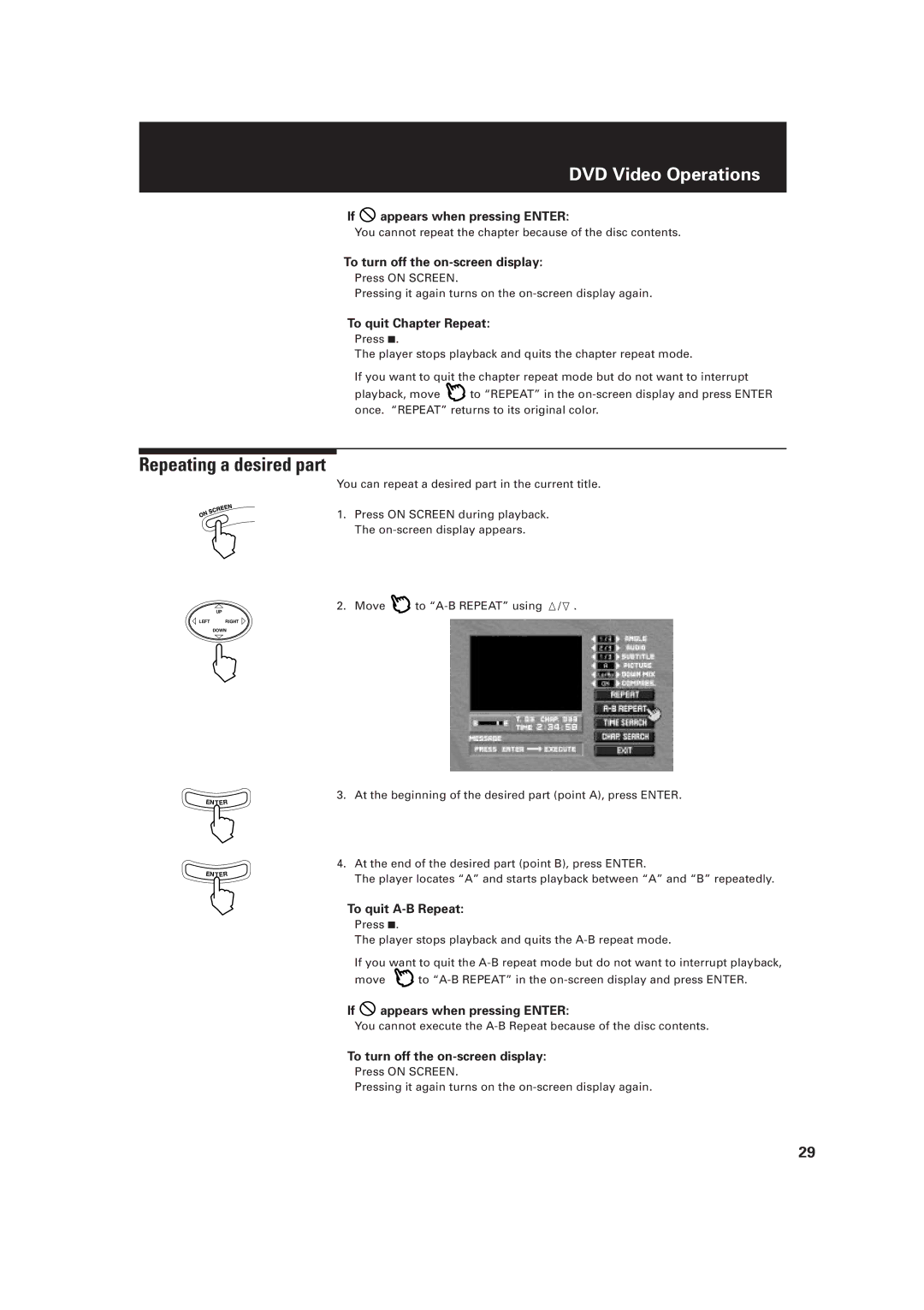 JVC XV-D2000BK, LET0091-001A manual Repeating a desired part, To quit Chapter Repeat, To quit A-B Repeat 