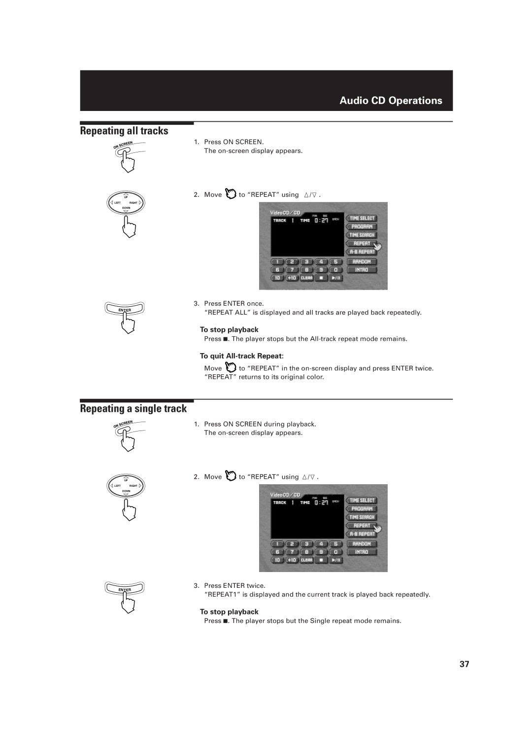 JVC LET0091-001A, XV-D2000BK Repeating all tracks, Repeating a single track, To stop playback, To quit All-track Repeat 