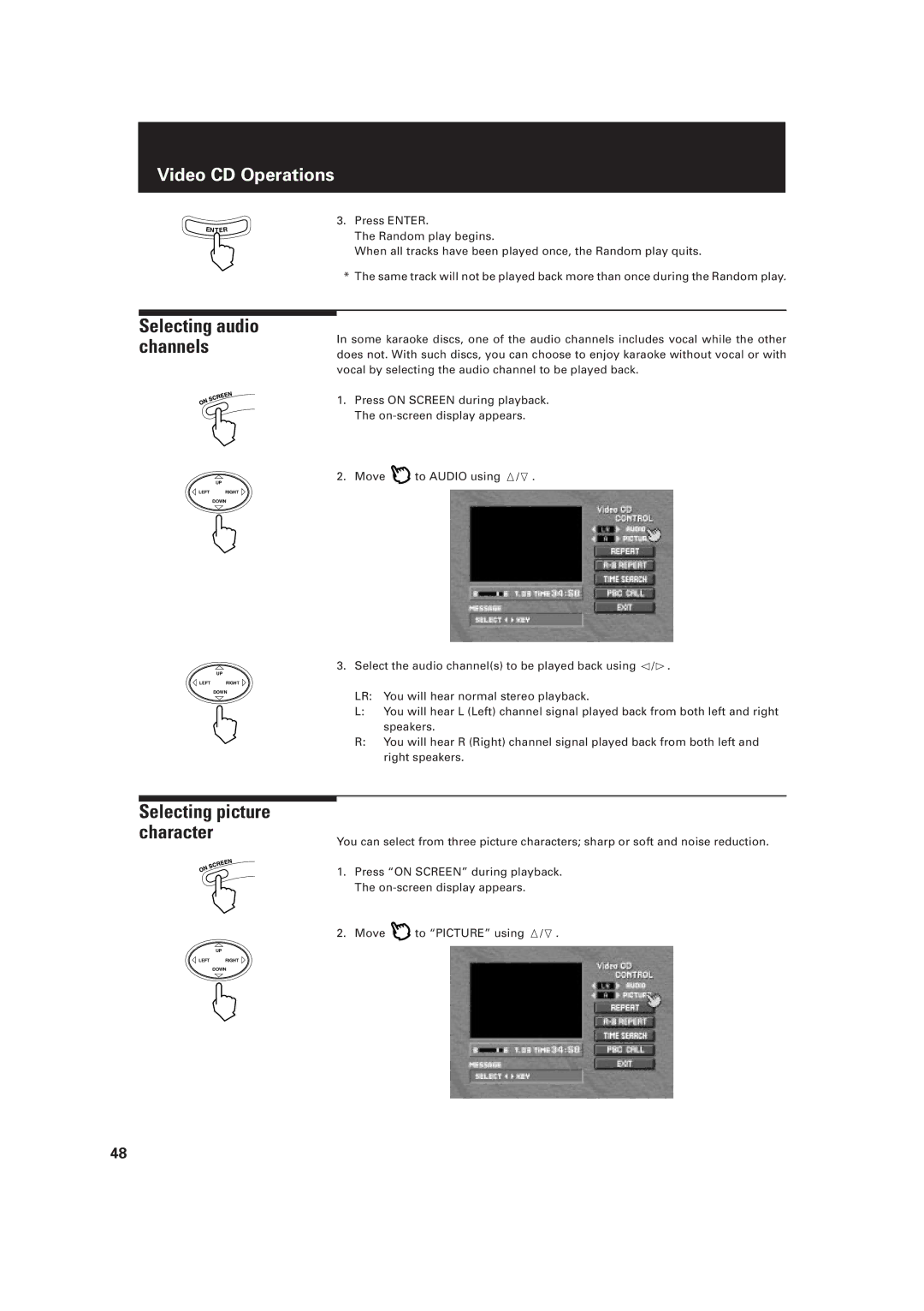 JVC LET0091-001A, XV-D2000BK manual Selecting audio channels, Selecting picture character 