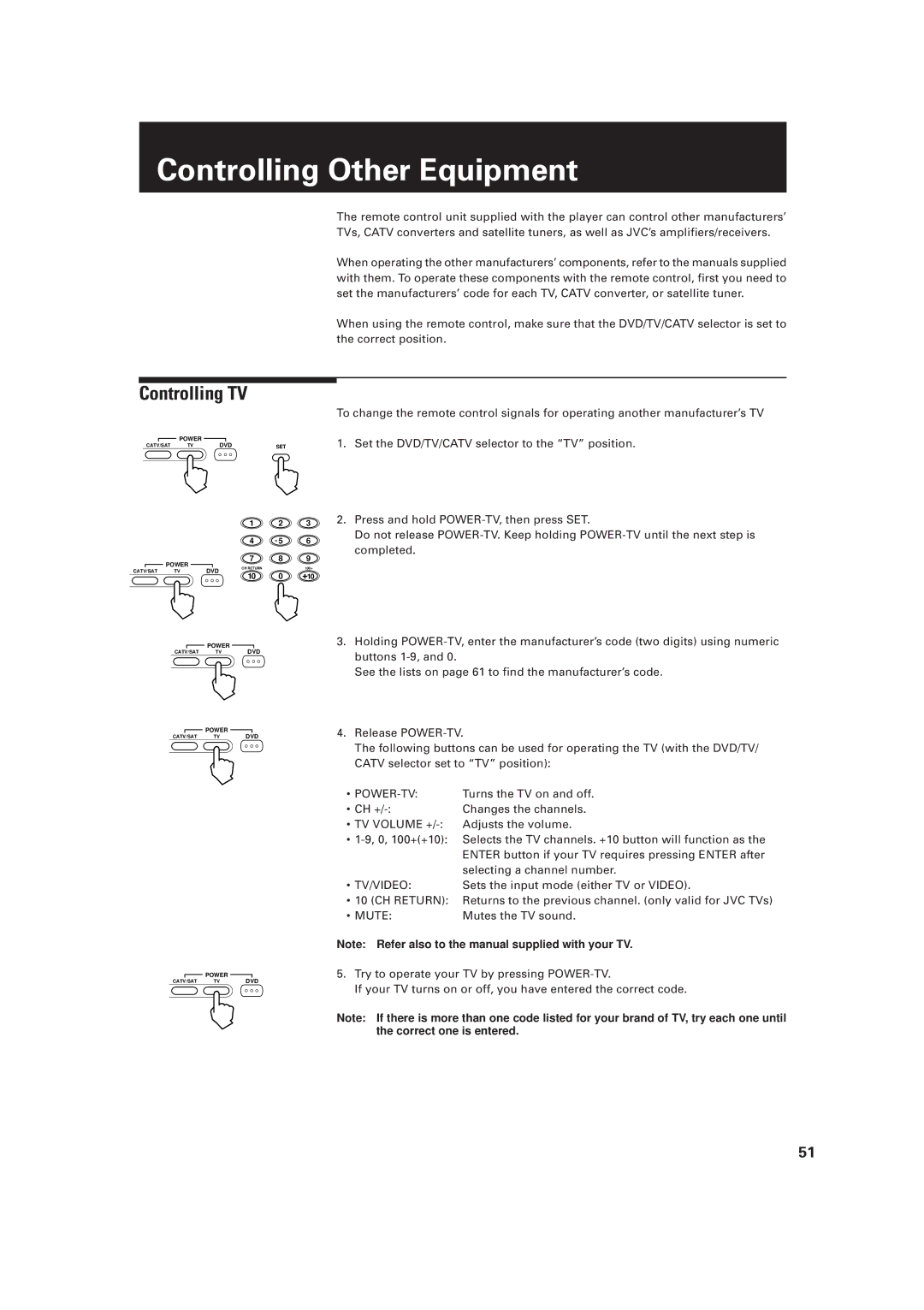 JVC LET0091-001A, XV-D2000BK manual Controlling Other Equipment, Controlling TV 