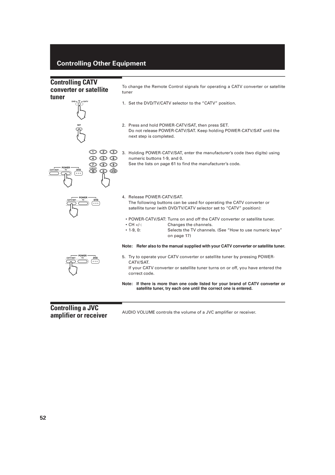 JVC LET0091-001A, XV-D2000BK manual Controlling Catv converter or satellite tuner, Controlling a JVC amplifier or receiver 