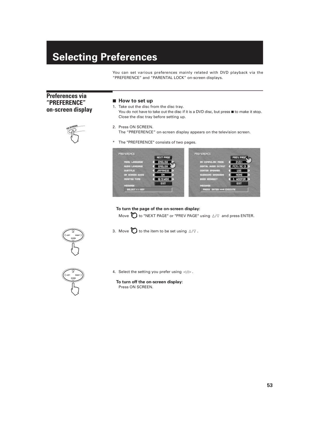 JVC XV-D2000BK, LET0091-001A manual Selecting Preferences, Preferences via, Preference on-screen display, How to set up 