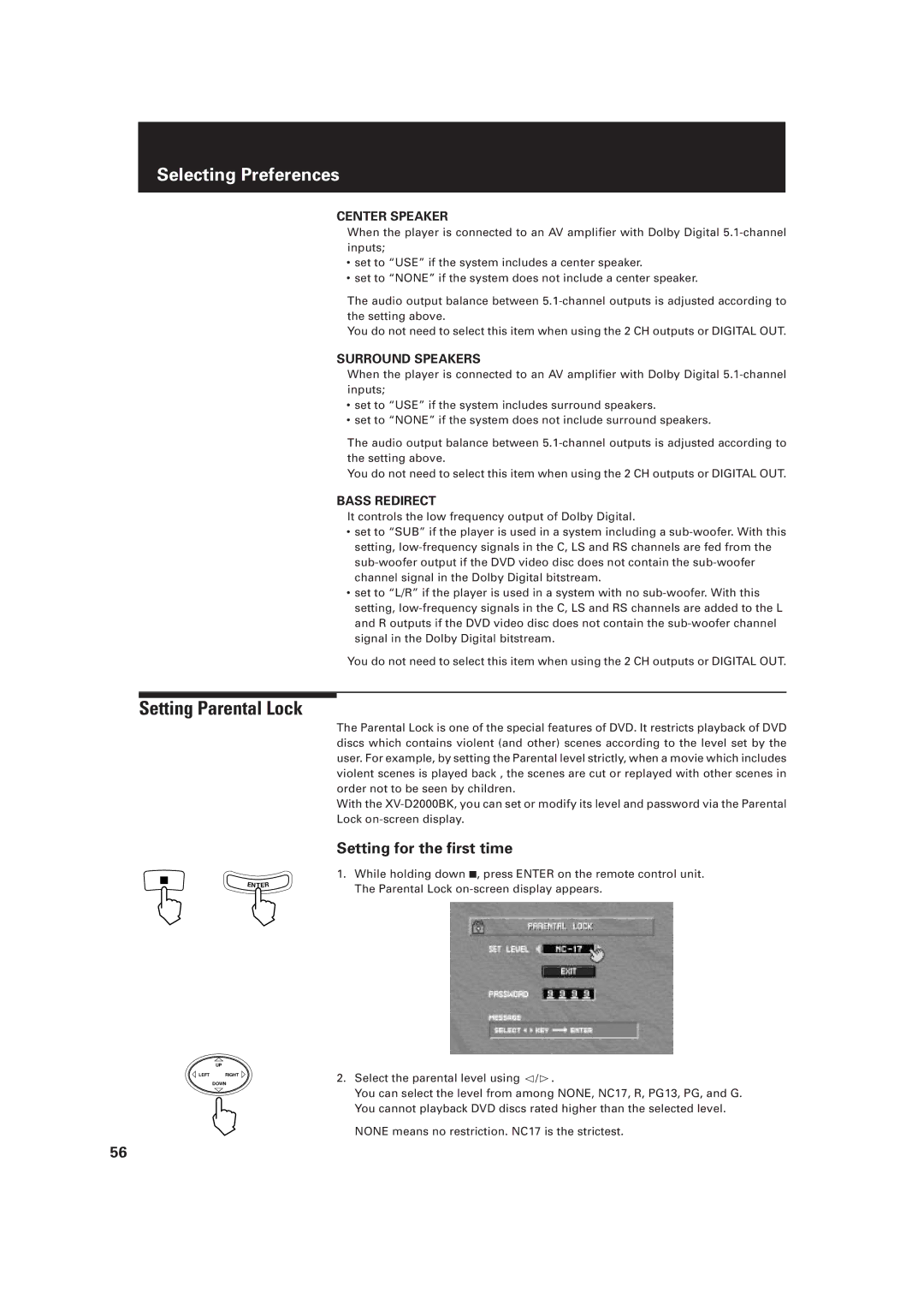 JVC XV-D2000BK, LET0091-001A manual Setting Parental Lock, Setting for the first time 