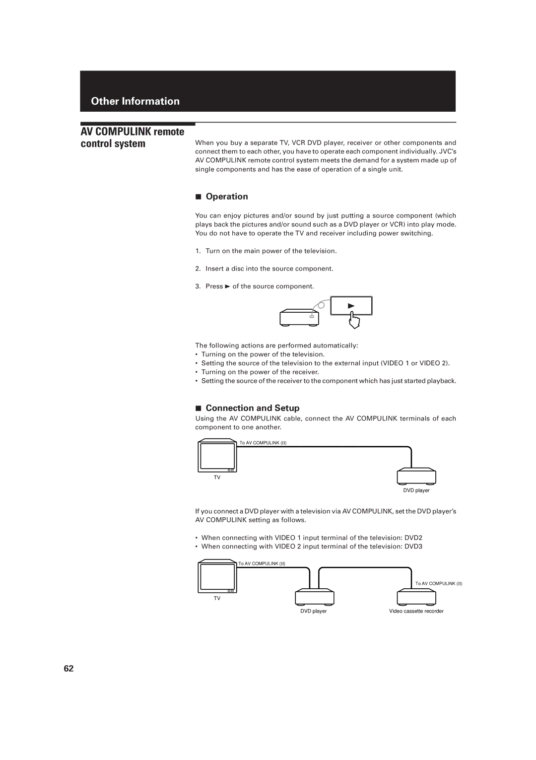 JVC XV-D2000BK, LET0091-001A manual AV Compulink remote control system, Operation, Connection and Setup 