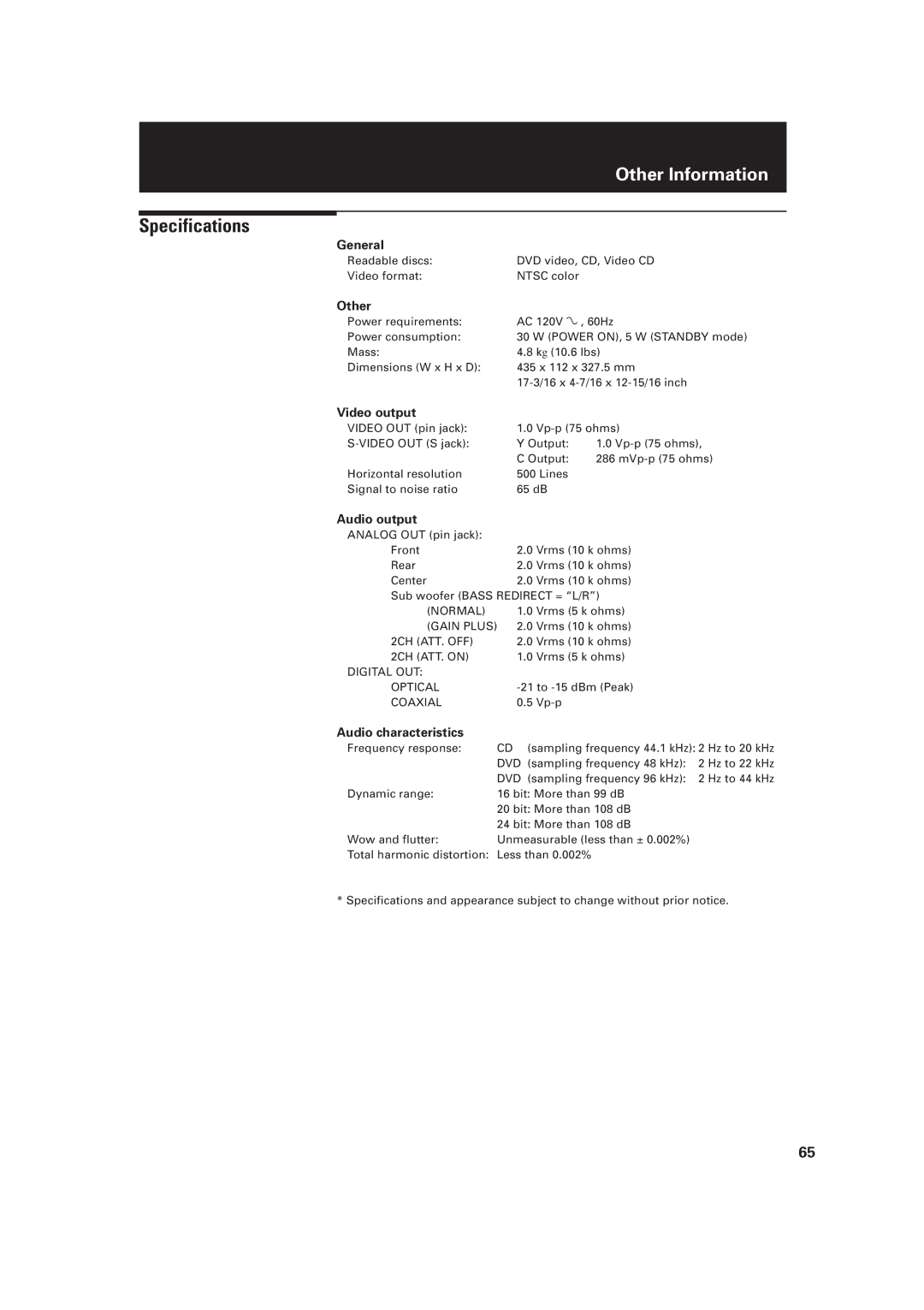 JVC XV-D2000BK, LET0091-001A manual Specifications 