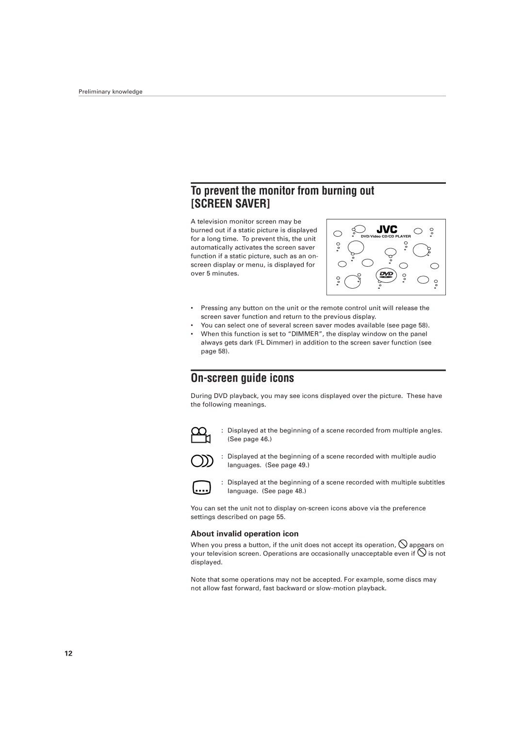 JVC LET0141-002A manual To prevent the monitor from burning out, On-screen guide icons, About invalid operation icon 