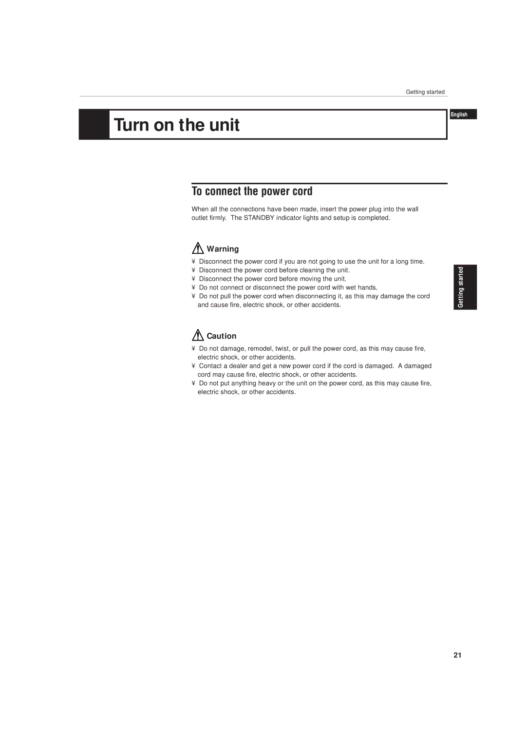 JVC LET0141-002A manual Turn on the unit, To connect the power cord 