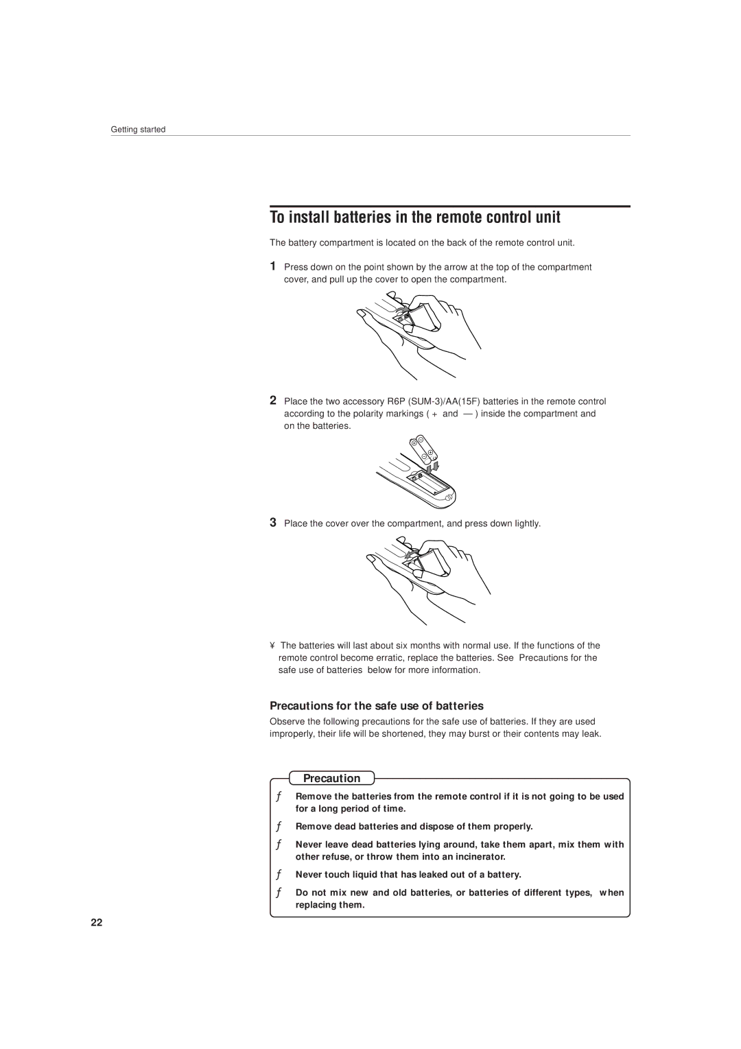 JVC LET0141-002A manual To install batteries in the remote control unit, Precautions for the safe use of batteries 