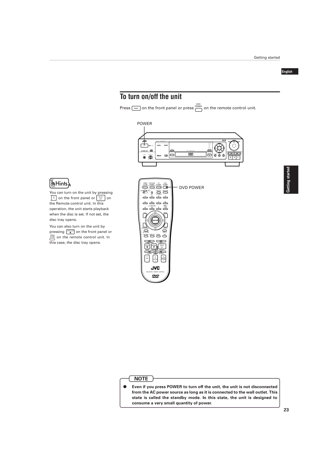 JVC LET0141-002A manual To turn on/off the unit, Power 