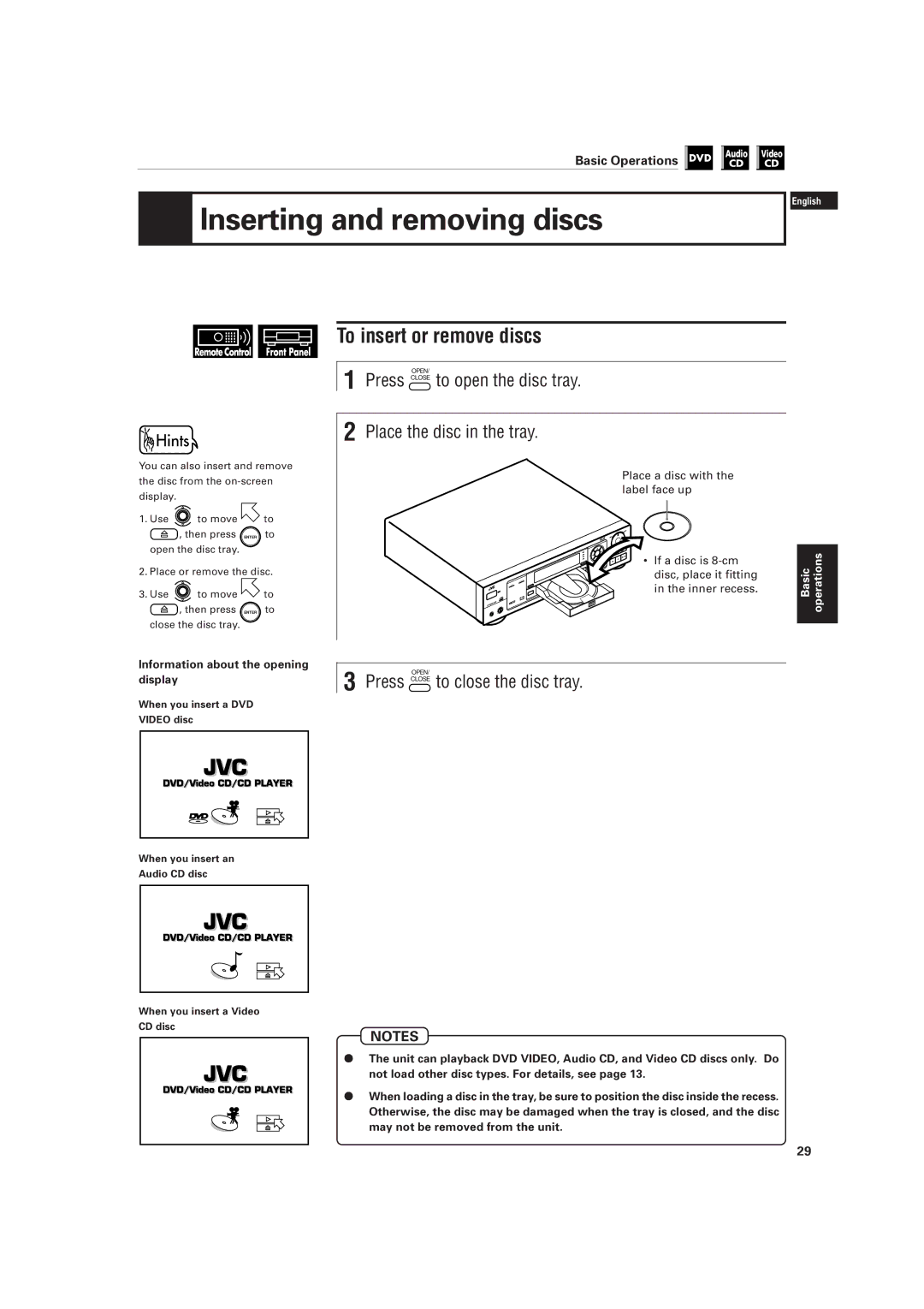 JVC LET0141-002A manual Inserting and removing discs, To insert or remove discs, Press Close to close the disc tray 