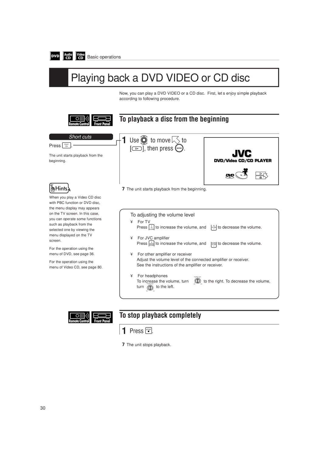 JVC LET0141-002A Playing back a DVD Video or CD disc, To playback a disc from the beginning, To stop playback completely 