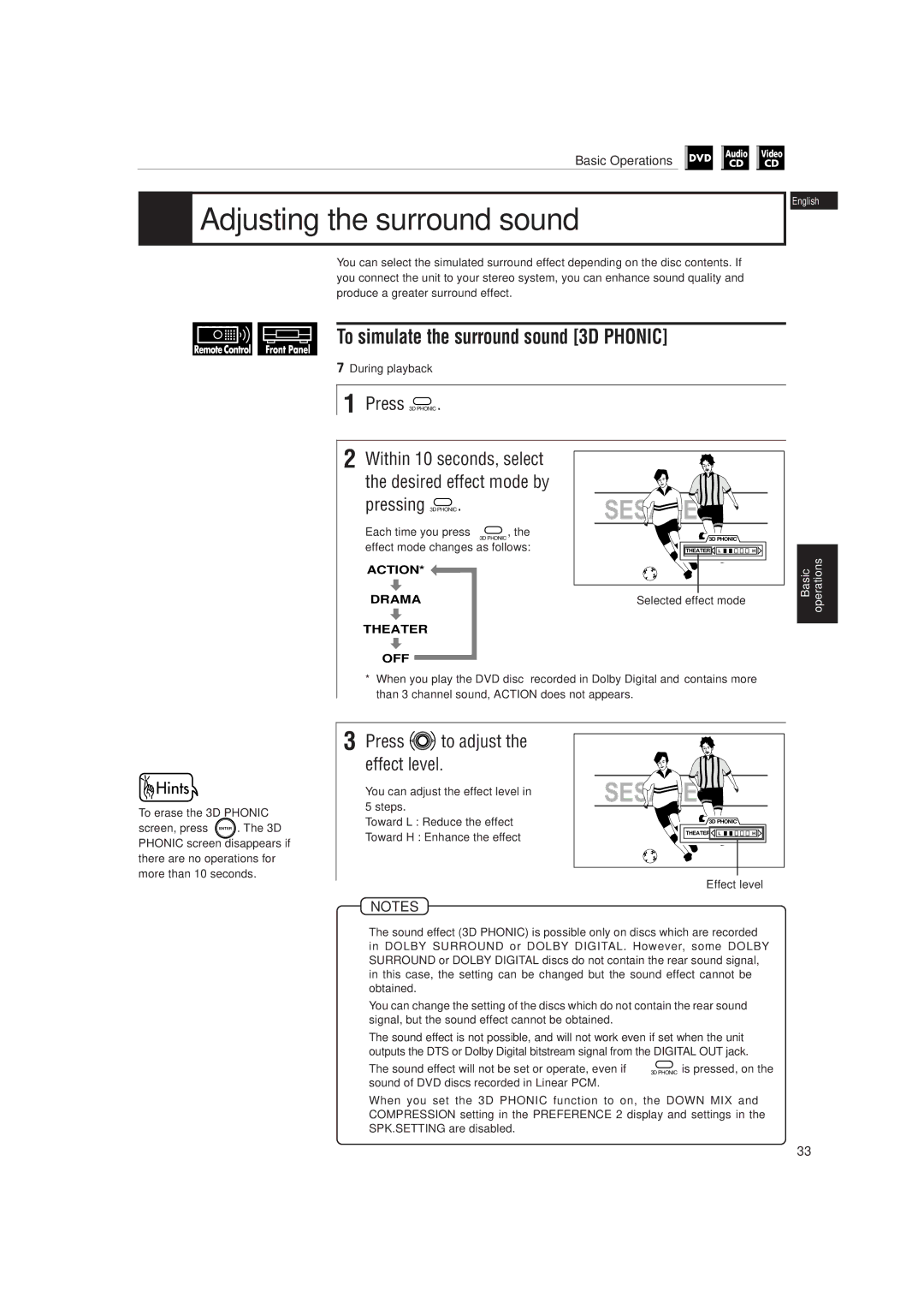 JVC LET0141-002A Adjusting the surround sound, To simulate the surround sound 3D Phonic, Press to adjust the effect level 