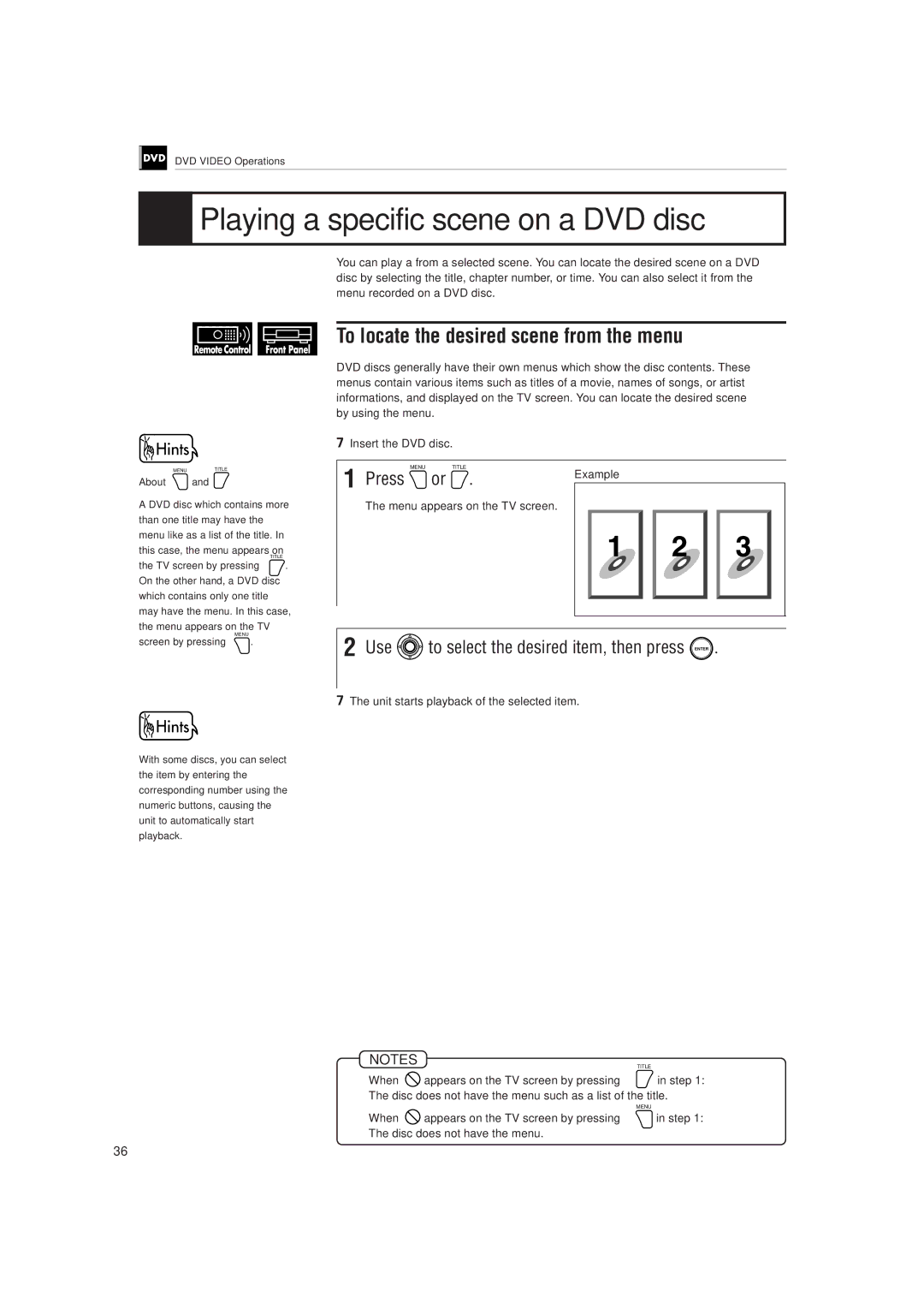 JVC LET0141-002A manual Playing a specific scene on a DVD disc, To locate the desired scene from the menu, Press 