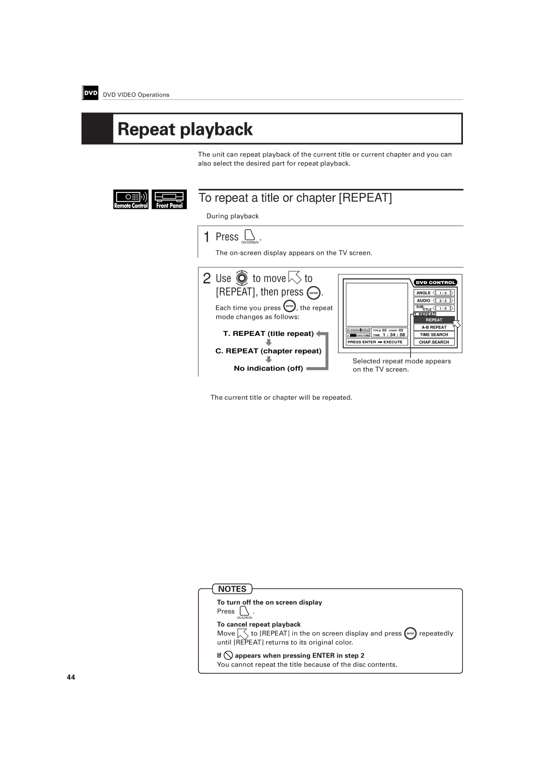 JVC LET0141-002A manual Repeat playback, To repeat a title or chapter Repeat, Use to move to REPEAT, then press Enter 