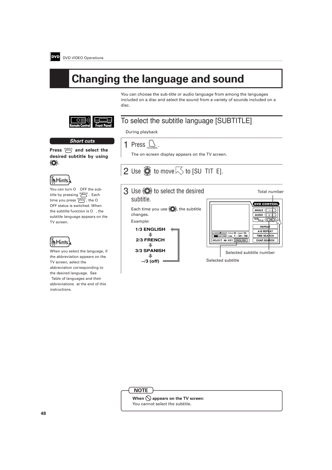 JVC LET0141-002A manual Changing the language and sound, To select the subtitle language Subtitle 