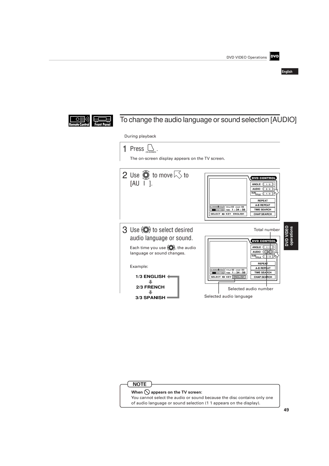 JVC LET0141-002A Use to move Audio, Use to select desired audio language or sound, Total number, Selected audio number 