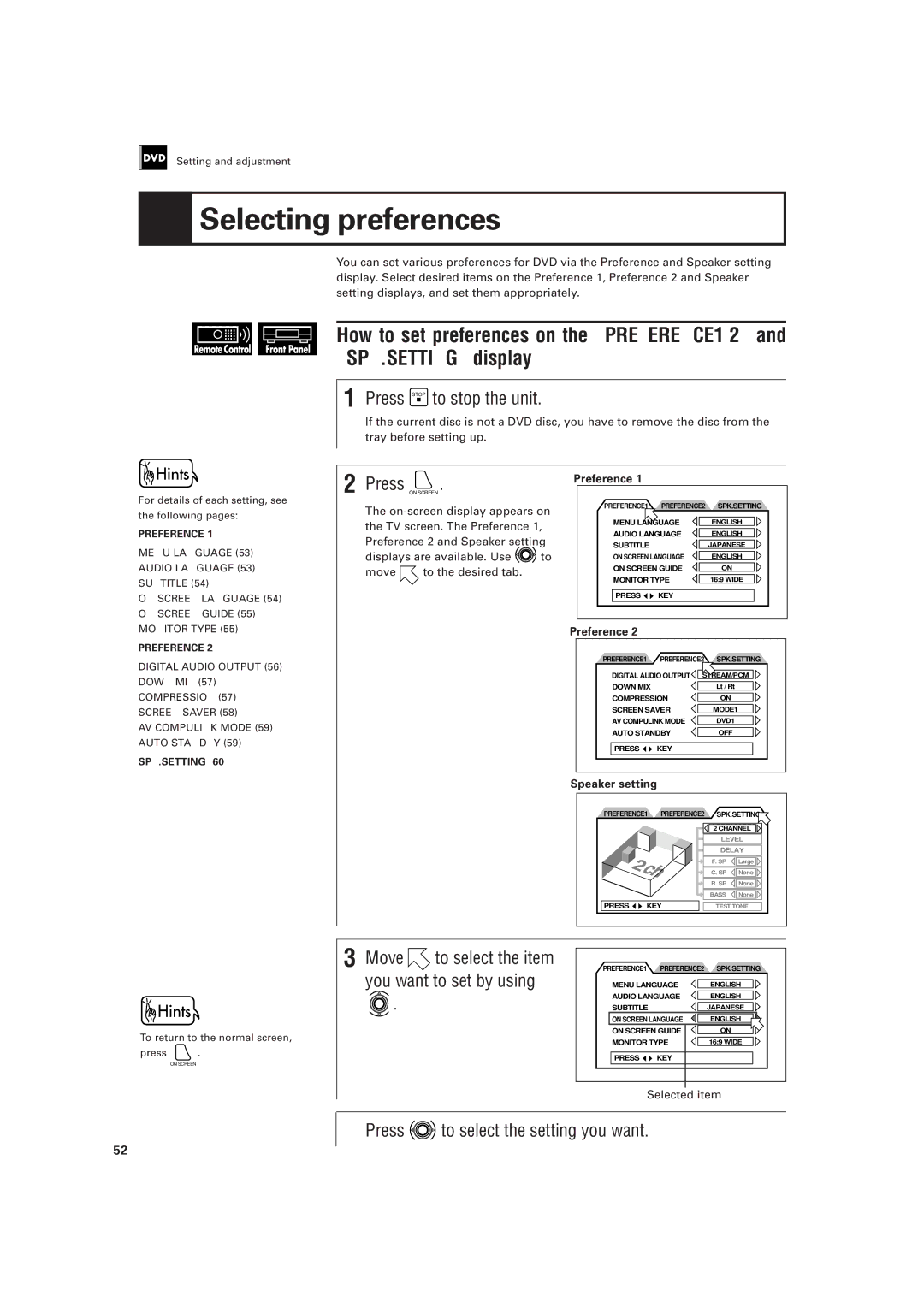 JVC LET0141-002A Selecting preferences, Press Stop to stop the unit, Move to select the item you want to set by using 