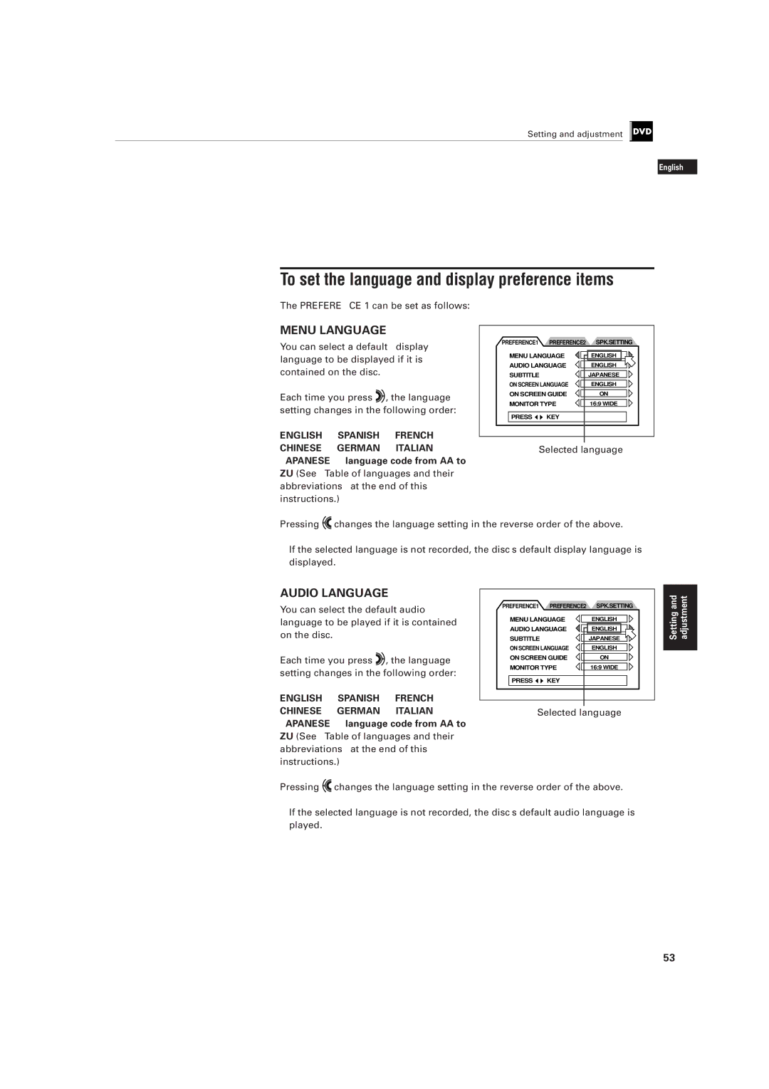 JVC LET0141-002A To set the language and display preference items, Preference 1 can be set as follows, Selected language 