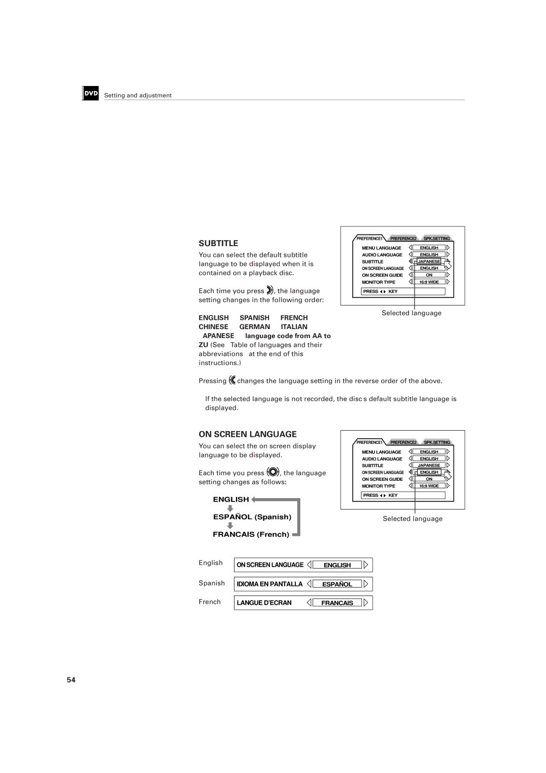 JVC LET0141-002A manual Selected language, Japanese = language code from AA to, Spanish, French 