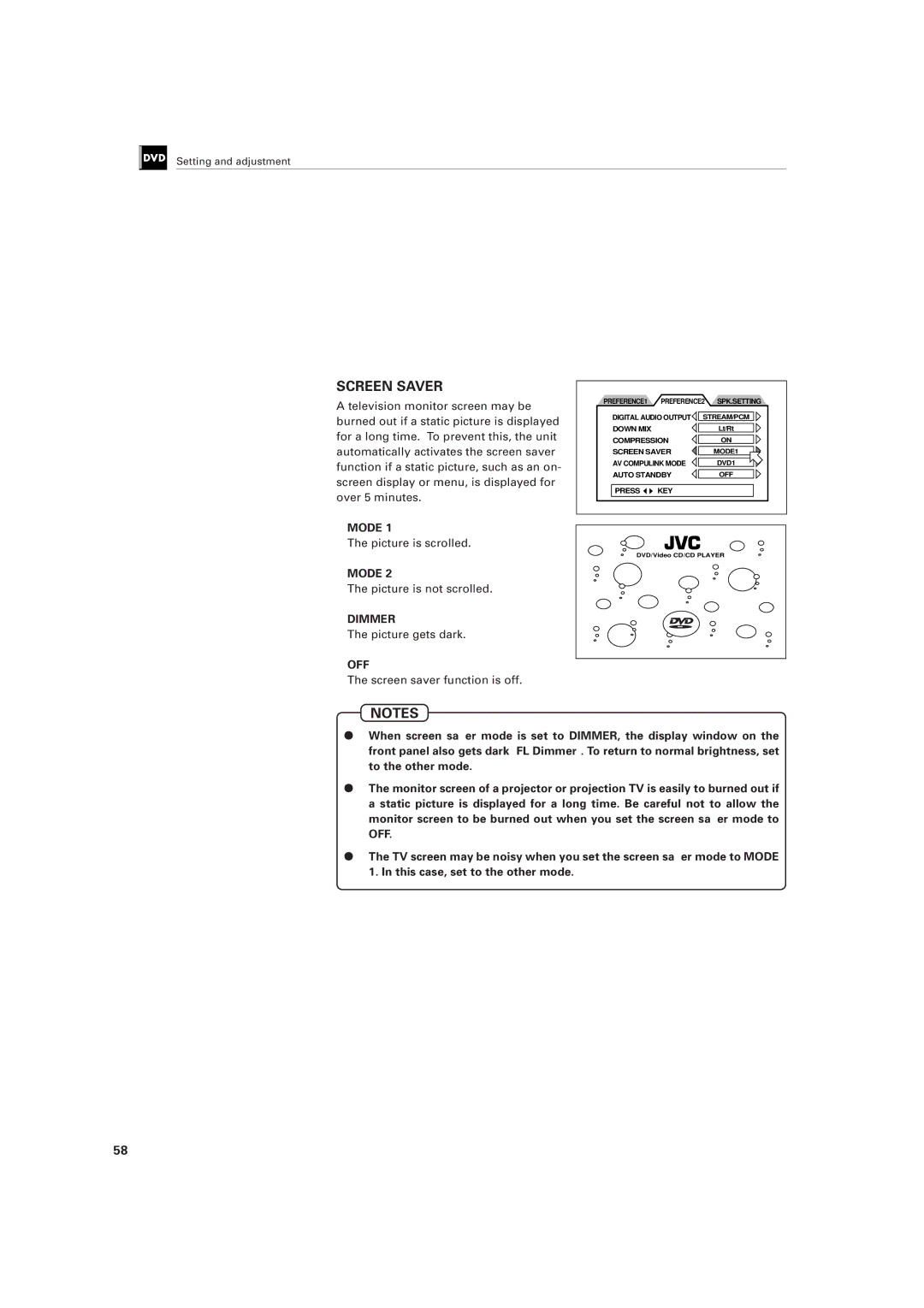 JVC LET0141-002A manual Mode, Picture is scrolled, Picture is not scrolled, Picture gets dark, Screen saver function is off 