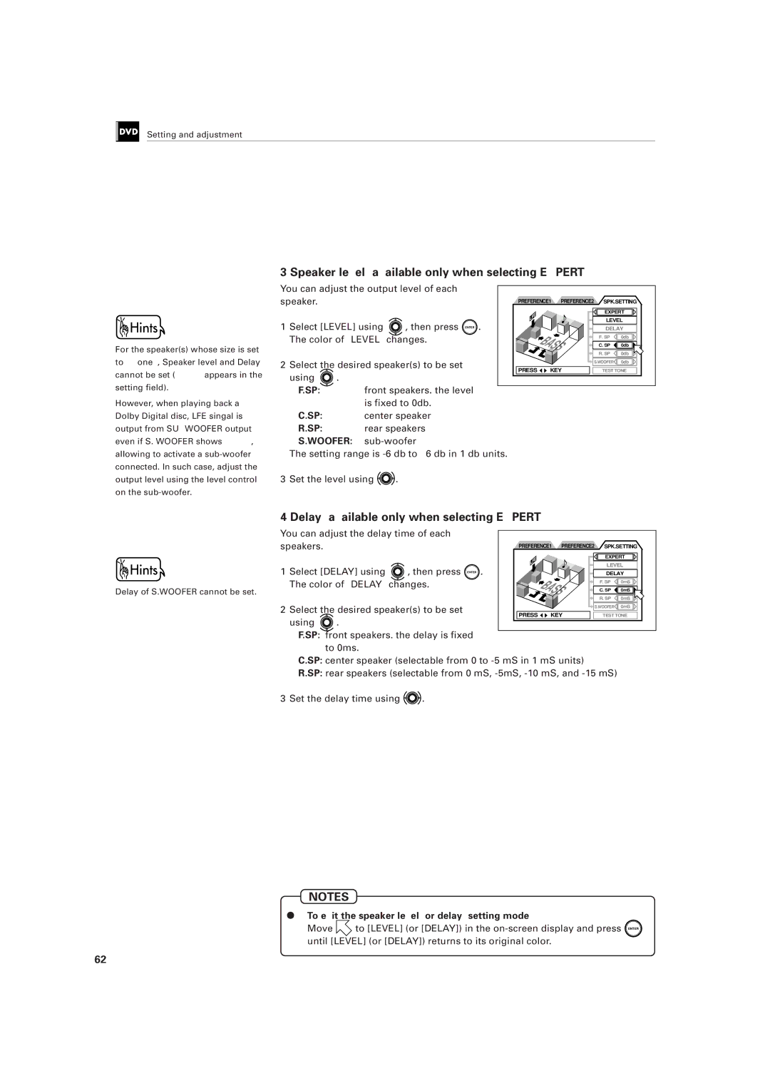 JVC LET0141-002A manual Speaker level available only when selecting Expert, Delay available only when selecting Expert 