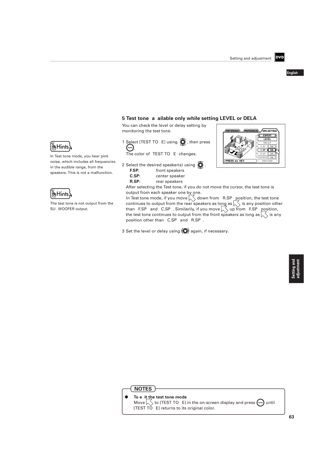 JVC LET0141-002A manual Test tone available only while setting Level or Delay, Select Test Tone using Then press 