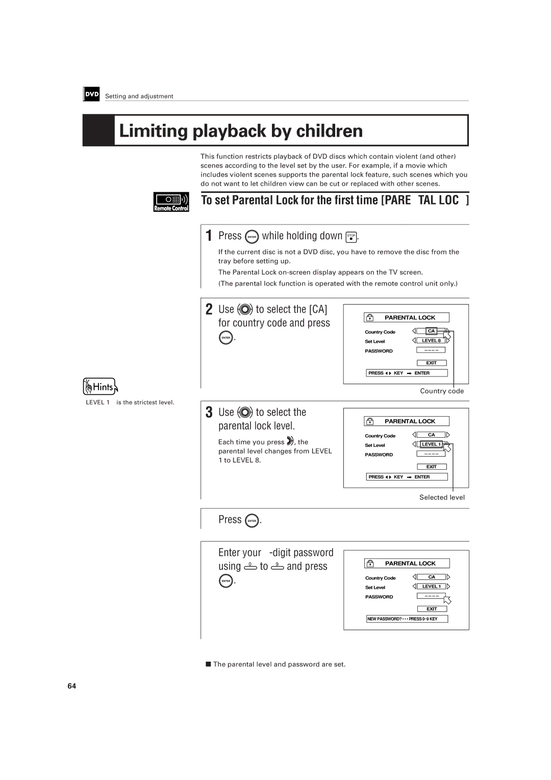 JVC LET0141-002A manual Limiting playback by children, To set Parental Lock for the first time Parental Lock 