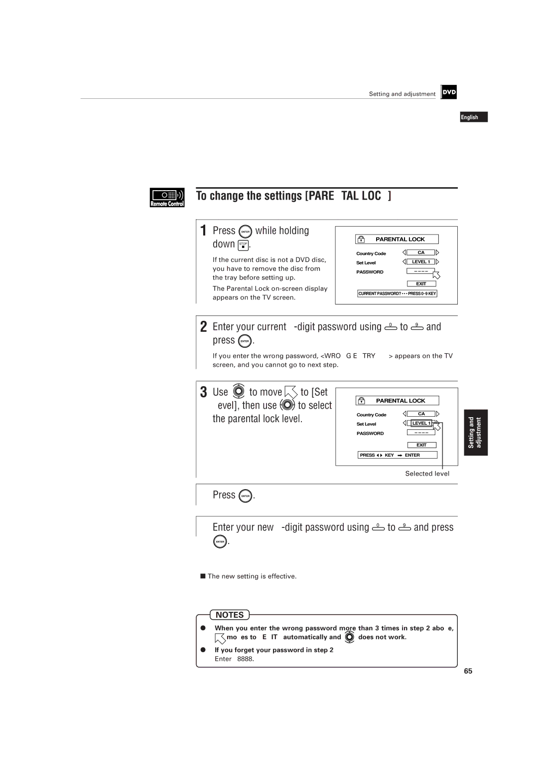 JVC LET0141-002A manual To change the settings Parental Lock, Use to move to Set, New setting is effective 