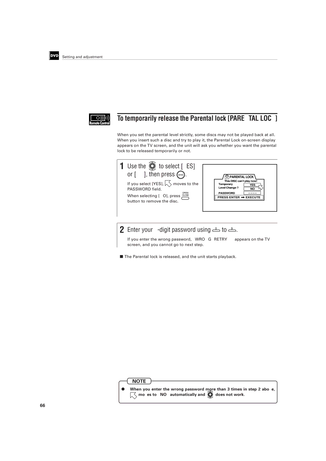 JVC LET0141-002A manual To temporarily release the Parental lock Parental Lock, Enter your 4-digit password using 0 to 