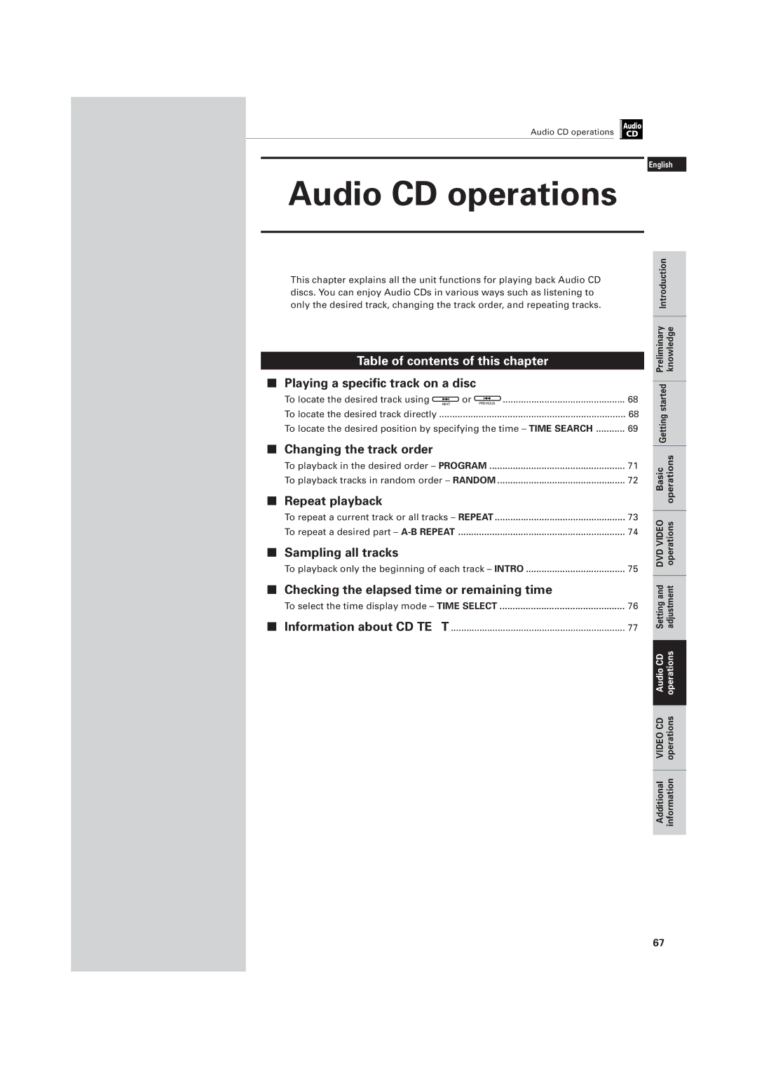 JVC LET0141-002A manual To playback only the beginning of each track Intro, To select the time display mode Time Select 