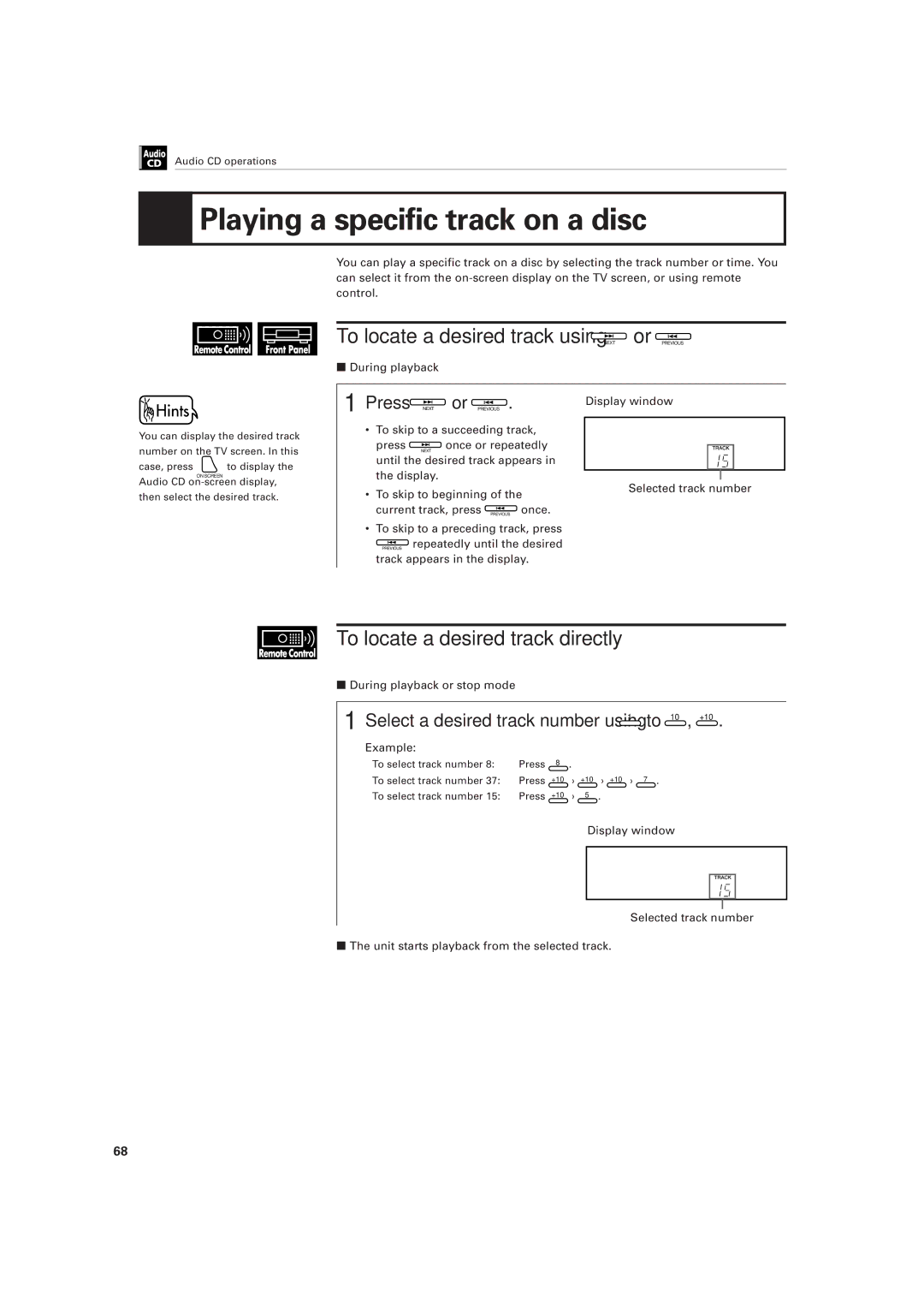 JVC LET0141-002A manual Playing a specific track on a disc, To locate a desired track using Next or Previous 